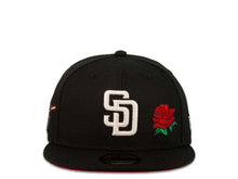 Load image into Gallery viewer, (Youth) San Diego Padres New Era MLB 9FIFTY 950 Kid Snapback Cap Hat Black Crown/Visor White Logo with Rose Swinging Friar Side Patch Red UV