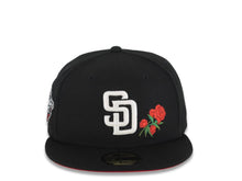 Load image into Gallery viewer, San Diego Padres New Era MLB 59FIFTY 5950 Fitted Cap Hat Black Crown/Visor White Logo Red Roses 1998 World Series Side Patch Red UV