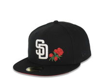 Load image into Gallery viewer, San Diego Padres New Era MLB 59FIFTY 5950 Fitted Cap Hat Black Crown/Visor White Logo Red Roses 1998 World Series Side Patch Red UV