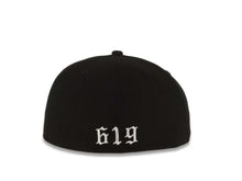 Load image into Gallery viewer, San Diego Padres New Era MLB 59FIFTY 5950 Fitted Cap Hat Black Crown/Visor White Logo Batterman Batty Side Patch 619 Script Back Logo