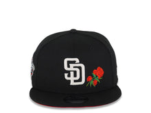 Load image into Gallery viewer, San Diego Padres New Era MLB 9FIFTY 950 Snapback Cap Hat Black Crown/Visor White Logo With Rose 1998 World Series Side Patch Red UV
