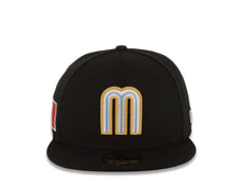 Load image into Gallery viewer, Mexico New Era 59FIFTY 5950 Fitted Cap Hat Black Crown/Visor Sky Blue/White/Metallic Gold Logo Mexico Flag Side Patch Sky Blue UV