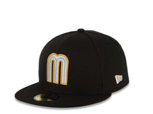 Load image into Gallery viewer, Mexico New Era 59FIFTY 5950 Fitted Cap Hat Black Crown/Visor Sky Blue/White/Metallic Gold Logo Mexico Flag Side Patch Sky Blue UV