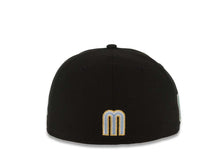 Load image into Gallery viewer, Mexico New Era 59FIFTY 5950 Fitted Cap Hat Black Crown/Visor Sky Blue/White/Metallic Gold Logo Mexico Flag Side Patch Sky Blue UV