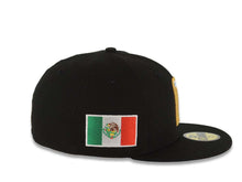Load image into Gallery viewer, Mexico New Era 59FIFTY 5950 Fitted Cap Hat Black Crown/Visor Sky Blue/White/Metallic Gold Logo Mexico Flag Side Patch Sky Blue UV