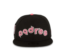 Load image into Gallery viewer, San Diego Padres New Era MLB 59FIFTY 5950 Fitted Cap Hat Black Crown/Visor Pink/Metallic Black/White Logo 40th Anniversary Side Patch Gray UV