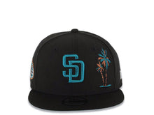 Load image into Gallery viewer, San Diego Padres New Era MLB 9FIFTY 950 Snapback Cap Hat Black Crown/Visor Teal Logo With Palm Trees 50th Anniversary Side Patch Teal UV
