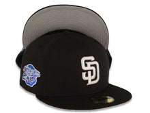 Load image into Gallery viewer, San Diego Padres New Era MLB 59FIFTY 5950 Fitted Cap Hat Black Crown/Visor White Logo 760 Area Code Back Logo 1998 World Series Side Patch Gray UV