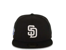 Load image into Gallery viewer, San Diego Padres New Era MLB 59FIFTY 5950 Fitted Cap Hat Black Crown/Visor White Logo 760 Area Code Back Logo 1998 World Series Side Patch Gray UV