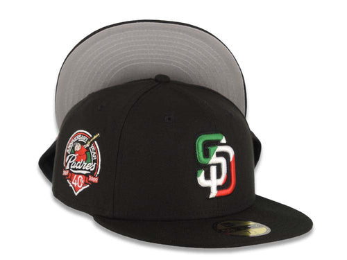 San Diego Padres New Era MLB 59FIFTY 5950 Fitted Cap Hat Black Crown/Visor Green/White/Red Logo 40th Anniversary Side Patch Gray UV