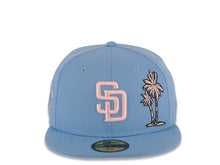 Load image into Gallery viewer, San Diego Padres New Era MLB 59FIFTY 5950 Fitted Cap Hat Sky Blue Crown/Visor Pink Logo With Palm Trees 1998 World Series Side Patch Pink UV
