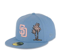 Load image into Gallery viewer, San Diego Padres New Era MLB 59FIFTY 5950 Fitted Cap Hat Sky Blue Crown/Visor Pink Logo With Palm Trees 1998 World Series Side Patch Pink UV