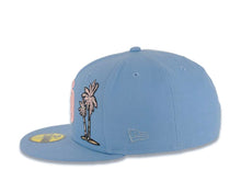 Load image into Gallery viewer, San Diego Padres New Era MLB 59FIFTY 5950 Fitted Cap Hat Sky Blue Crown/Visor Pink Logo With Palm Trees 1998 World Series Side Patch Pink UV