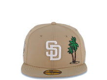 Load image into Gallery viewer, San Diego Padres New Era MLB 59FIFTY 5950 Fitted Cap Hat Khaki Crown/Visor White Logo With Palm Trees 25th Anniversary Side Patch Gray UV