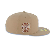 Load image into Gallery viewer, San Diego Padres New Era MLB 59FIFTY 5950 Fitted Cap Hat Khaki Crown/Visor White Logo With Palm Trees 25th Anniversary Side Patch Gray UV