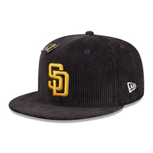 Load image into Gallery viewer, (Corduroy) San Diego Padres New Era MLB 59FIFTY 5950 Fitted Letterman Pin Cap Hat Corduroy Dark Brown Crown/Visor Yellow Logo