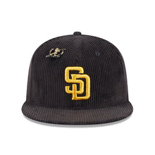 Load image into Gallery viewer, (Corduroy) San Diego Padres New Era MLB 59FIFTY 5950 Fitted Letterman Pin Cap Hat Corduroy Dark Brown Crown/Visor Yellow Logo