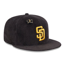 Load image into Gallery viewer, (Corduroy) San Diego Padres New Era MLB 59FIFTY 5950 Fitted Letterman Pin Cap Hat Corduroy Dark Brown Crown/Visor Yellow Logo