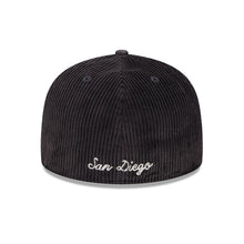 Load image into Gallery viewer, (Corduroy) San Diego Padres New Era MLB 59FIFTY 5950 Fitted Letterman Pin Cap Hat Corduroy Dark Brown Crown/Visor Yellow Logo