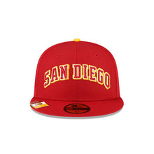 Load image into Gallery viewer, San Diego Padres New Era MLB 59FIFTY 5950 Fitted Cap Hat Red Crown/Visor Red/Yellow Script Logo 50th Anniversary Side Patch (City Flag)