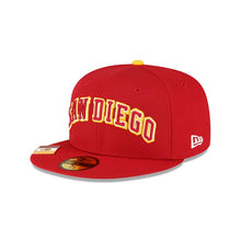 Load image into Gallery viewer, San Diego Padres New Era MLB 59FIFTY 5950 Fitted Cap Hat Red Crown/Visor Red/Yellow Script Logo 50th Anniversary Side Patch (City Flag)