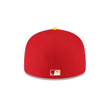 Load image into Gallery viewer, San Diego Padres New Era MLB 59FIFTY 5950 Fitted Cap Hat Red Crown/Visor Red/Yellow Script Logo 50th Anniversary Side Patch (City Flag)