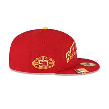 Load image into Gallery viewer, San Diego Padres New Era MLB 59FIFTY 5950 Fitted Cap Hat Red Crown/Visor Red/Yellow Script Logo 50th Anniversary Side Patch (City Flag)