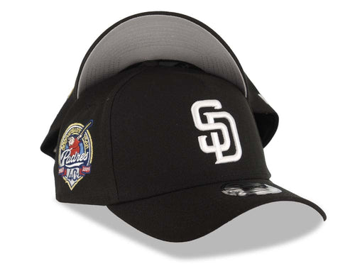 San Diego Padres New Era MLB 9FORTY 940 Adjustable A-Frame Cap Hat Black Crown/Visor White Logo 40th Anniversary Side Patch Gray UV