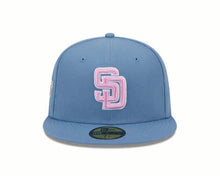 Load image into Gallery viewer, (Youth) San Diego Padres New Era MLB 59FIFTY 5950 Kid Fitted Cap Hat Sky Blue Crown/Visor Pink/White Logo 1998 World Series Side Patch (Color Pack)