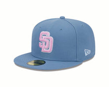 Load image into Gallery viewer, (Youth) San Diego Padres New Era MLB 59FIFTY 5950 Kid Fitted Cap Hat Sky Blue Crown/Visor Pink/White Logo 1998 World Series Side Patch (Color Pack)
