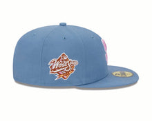 Load image into Gallery viewer, (Youth) San Diego Padres New Era MLB 59FIFTY 5950 Kid Fitted Cap Hat Sky Blue Crown/Visor Pink/White Logo 1998 World Series Side Patch (Color Pack)