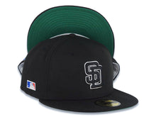 Load image into Gallery viewer, San Diego Padres New Era MLB 59FIFTY 5950 Fitted Cap Hat Black Crown/Visor Black/White Logo Batterman Batty Side Patch Green UV