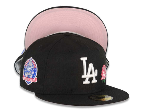 Los Angeles Dodgers New Era MLB 59FIFTY 5950 Fitted Cap Hat Black Crown/Visor White Logo With Pink Rose 60th Anniversary Side Patch Pink UV