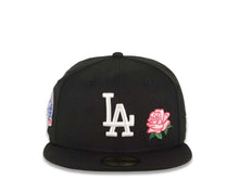 Load image into Gallery viewer, Los Angeles Dodgers New Era MLB 59FIFTY 5950 Fitted Cap Hat Black Crown/Visor White Logo With Pink Rose 60th Anniversary Side Patch Pink UV