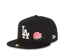 Load image into Gallery viewer, Los Angeles Dodgers New Era MLB 59FIFTY 5950 Fitted Cap Hat Black Crown/Visor White Logo With Pink Rose 60th Anniversary Side Patch Pink UV