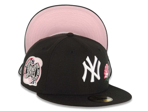 New York Yankees New Era MLB 59FIFTY 5950 Fitted Cap Hat Black Crown/Visor White Logo With Pink Rose 60th Anniversary Side Patch Pink UV