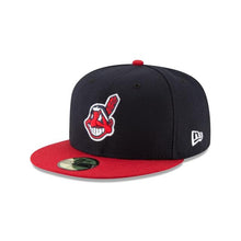 Load image into Gallery viewer, Cleveland Indians New Era MLB 59Fifty 5950 Fitted Cap Hat Navy Crown Red Visor Team Color Chief Wahoo Logo
