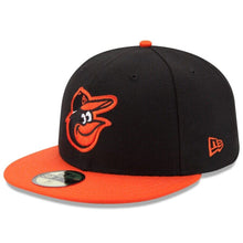 Load image into Gallery viewer, Baltimore Orioles New Era MLB 59FIFTY 5950 Fitted Cap Hat Black Crown Orange Visor Team Color “Bird” Logo