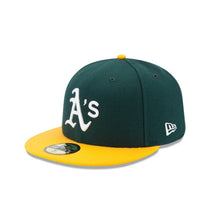 Load image into Gallery viewer, (Youth) Oakland Athletics New Era MLB 59FIFTY 5950 Fitted Cap Hat Dark Green Crown Yellow Visor White Logo