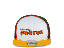 Load image into Gallery viewer, San Diego Padres New Era MLB 9FIFTY 950 Snapback Cap Hat White/Brown Crown Yellow Visor Brown/Orange "San Diego Padres"Logo Green UV