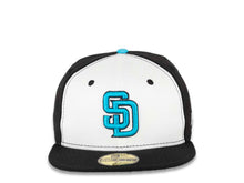 Load image into Gallery viewer, San Diego Padres New Era MLB 59FIFTY 5950 Fitted Cap Hat White/Black Crown Black Visor Light Blue/Black Logo