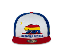 Load image into Gallery viewer, California Republic New Era 59FIFTY 5950 Fitted Cap Hat White/Royal Blue Crown Red Visor Red/Gold/Royal Blue Logo