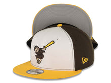 Load image into Gallery viewer, San Diego Padres New Era MLB 9FIFTY 950 Snapback Cap Hat White/Brown Crown Yellow Visor Brown/Yellow Swinging Friar Logo Gray UV