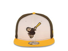 Load image into Gallery viewer, San Diego Padres New Era MLB 9FIFTY 950 Snapback Cap Hat White/Brown Crown Yellow Visor Brown/Yellow Swinging Friar Logo Gray UV