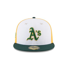 Load image into Gallery viewer, Oakland Athletics New Era MLB 59FIFTY 5950 Fitted Cap Hat White/Yellow Crown Dark Green Visor Dark Green/Yellow Logo with All-Star Game Side Patch