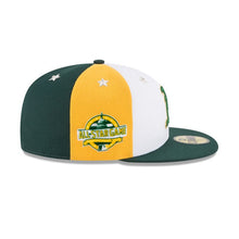 Load image into Gallery viewer, Oakland Athletics New Era MLB 59FIFTY 5950 Fitted Cap Hat White/Yellow Crown Dark Green Visor Dark Green/Yellow Logo with All-Star Game Side Patch