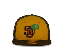 Load image into Gallery viewer, New Era MLB 59Fifty 5950 Fitted San Diego Padres Cap Hat Yellow/Brown Crown Brown/Orange Logo with Palm Tree Friar Side Path Pink UV