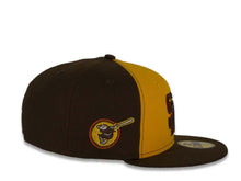 Load image into Gallery viewer, New Era MLB 59Fifty 5950 Fitted San Diego Padres Cap Hat Yellow/Brown Crown Brown/Orange Logo with Palm Tree Friar Side Path Pink UV