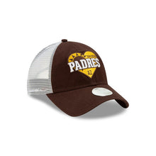 Load image into Gallery viewer, San Diego Padres New Era MLB 9TWENTY 920 Mesh Trucker Adjustable Cap Hat Brown/White Crown Brown Visor Team Color Text Sun/Heart Logo