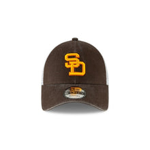 Load image into Gallery viewer, San Diego Padres New Era MLB 9FORTY 940 Mesh Trucker Adjustable Cap Hat Dark Brown/White Crown Dark Brown Visor Yellow/Orange Retro Logo